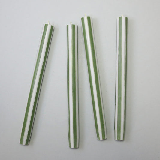 Yod & Co Striped Dinner Candles Set of 4 - Moss Green/White